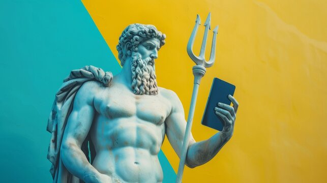 Marble Poseidon statue with a tablet against a split blue and yellow backdrop. Space for text