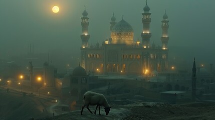 Quiet Contemplation A lone sheep savors background mosque