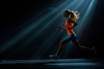 A strong woman running on black background wearing in the sportswear, fitness and sport motivation, Runner concept with copy space