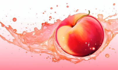 A peach is shown in front of a white background with a pink splash next to it. The peach is split in half, showing its juicy, yellow interior.
