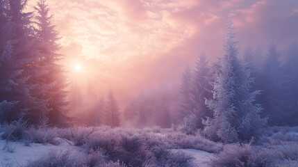 Winter forest at frosty foggy dawn. Frost-covered tree - obrazy, fototapety, plakaty