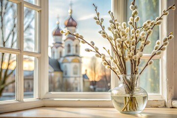 Palm Sunday. A close-up of a willow bouquet in a glass vase against the background of an ancient white window with a view of the golden domes of the temple and the setting sun. - obrazy, fototapety, plakaty