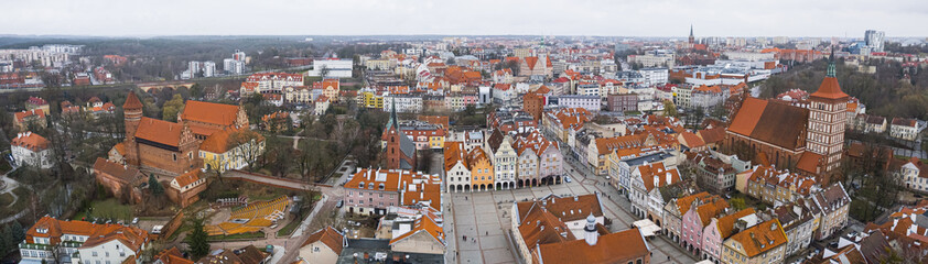 Fototapeta na wymiar aerial panorama over the Olsztyn town hall, north-easter Poland, drone shot. High quality photo