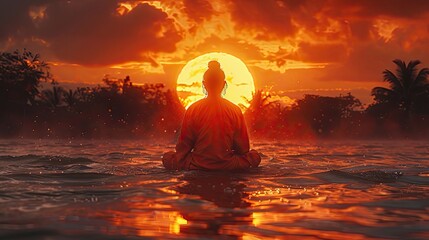 Sunrise Meditation During Songkram a time - obrazy, fototapety, plakaty