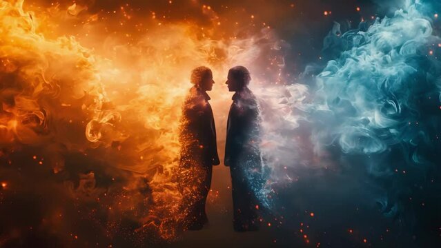 Blaze & Frost: A Symphony of Contrasts. Concept Fantasy Photography, Fire & Ice Theme, Creative Lighting, Contrasting Elements