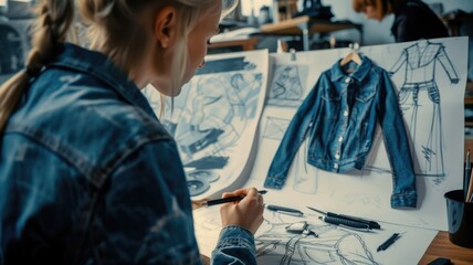 Over-the-shoulder shot of a designer drawing biodegradable denim outfits, with focus on the sketch and the vision behind the eco-friendly designs