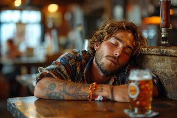A tired man with tattooed arms resting his head on a wooden bar table next to a glass of beer, capturing a moment of exhaustion or intoxication