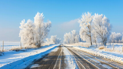 Winter road with frosted trees and the blue sky. 