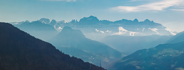 Alpine spring view with the Rosengarten mountains, dolomites, in the background near Bozen,...