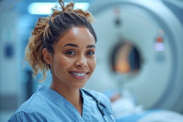 In front of an MRI machine, a smiling female medical professional in blue scrubs looks confident