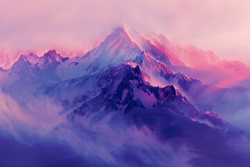 Purple pink abstract landscape. Minimalism mountain picture with fog and dust
