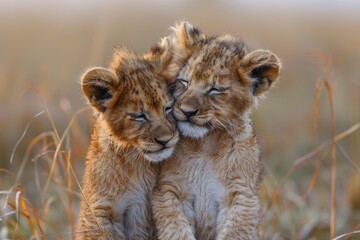 Two young lion cubs in the wild exhibit affection with a warm embrace, showcasing a moment of pure sibling love in the African savanna
