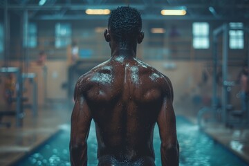 An intense image portraying an athlete's fit and sculpted physique as he stands in contemplation, surrounded by the moody ambiance of a gym