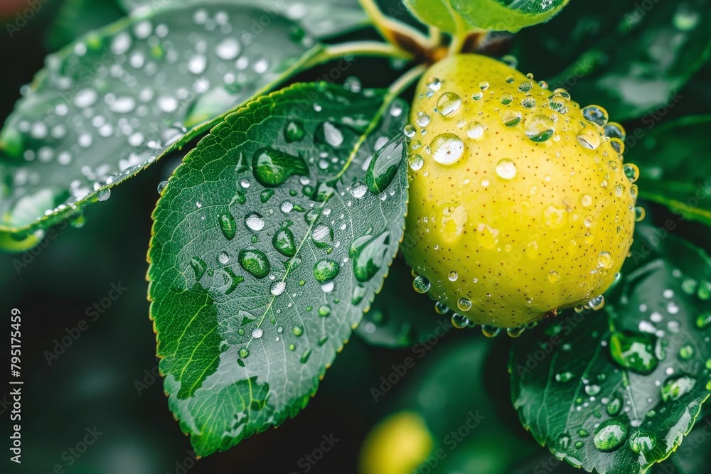 Poster macro close up of fresh pear with dew drops hanging on tree, wide banner with copy space