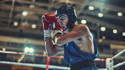 Boxing competition at olympic event - Boxer wearing gloves and head gurad - Models by AI generative