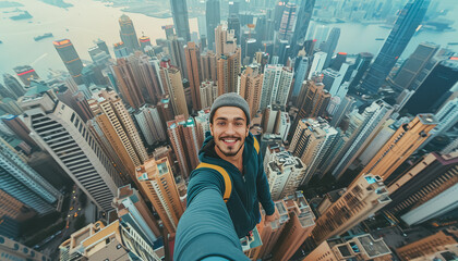 A man is taking a selfie from the top of a building in a city