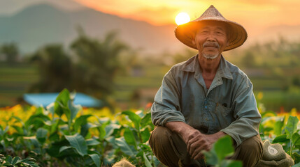 Asian man sitting in field with hat on