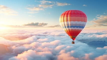 Fototapeta premium A hot air balloon flying over a sea of ​​clouds. Stunning collection of white clouds from above with sunlight over the horizon.