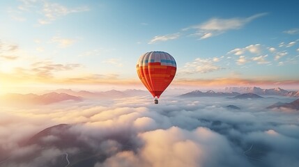 A hot air balloon flying over a sea of ​​clouds. Stunning collection of white clouds from above...