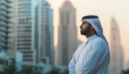 A man wearing a white shirt and a white scarf stands in front of a city skyline