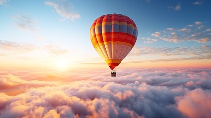 Fototapeta na wymiar A hot air balloon flying over a sea of ​​clouds. Stunning collection of white clouds from above with sunlight over the horizon.