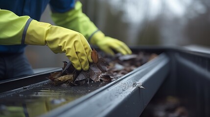 A man's hand cleaning leaves in a rain gutter on a roof, cleaning dirty gutters.