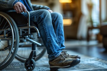 Obraz premium An elderly man's journey indoors with a wheelchair, depicting challenges and resilience in the quest for mobility and autonomy