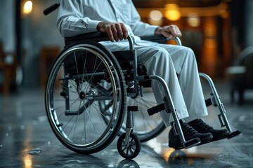 A focused close-up shot captures the hands of a man in white sitting in a wheelchair highlighting his disability and perseverance - obrazy, fototapety, plakaty