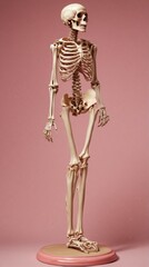 Full-length human skeleton on the podium, pink background