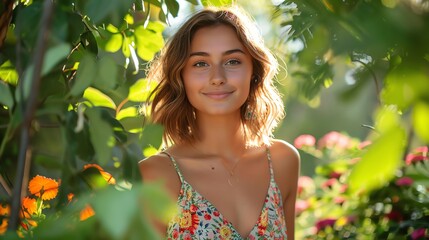 A photo of a beautiful young woman standing in a garden, surrounded by flowers and plants