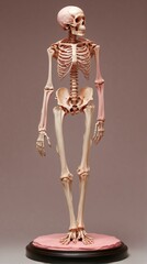 Full-length human skeleton on a pink background
