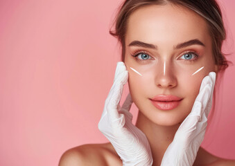 A woman getting Botox or dermal filler needle treatment on her face with lines drawn in white gloves and a syringe for skin - obrazy, fototapety, plakaty