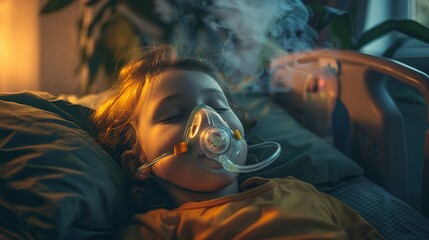 Girl 5 years wearing oxygen mask sleeping in bed, recovering after sickness in hospital ward. ICU room. copy space for text. - obrazy, fototapety, plakaty