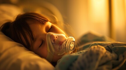 Naklejka premium Girl 5 years wearing oxygen mask sleeping in bed, recovering after sickness in hospital ward. ICU room. copy space for text.