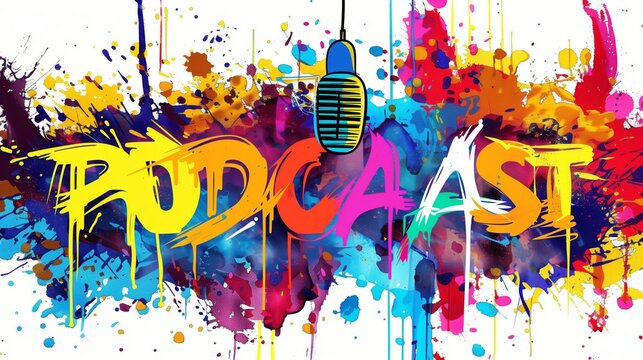 PODCAST in colorful spray stain word art in grafity style