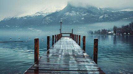 Wooden pier on Annecy lake in winter. Alps mountains 