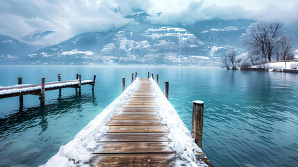 Wooden pier on Annecy lake in winter. Alps mountains  - obrazy, fototapety, plakaty