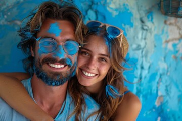 Smiling couple embracing with splashes of blue paint on their faces and clothes