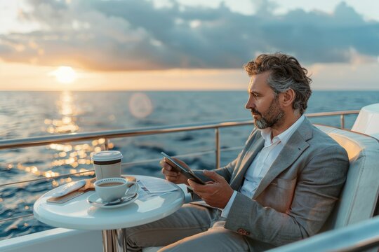 Businessman enjoying coffee and reading news on tablet aboard yacht sailing at sea