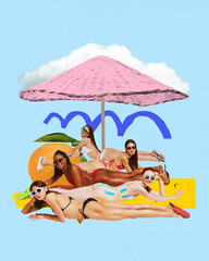 Poster. Contemporary art collage. Woman relaxing lying on beach under umbrella at sunny, hot day against painted background. Concept of parties, fun and joy, holidays, summer, travelling, pop art. Ad