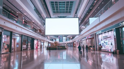Indoor shopping mall advertising billboard, large video promotion LED white screen in public space area. copy space for text.