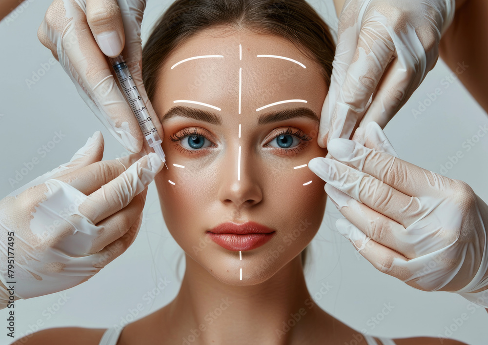 Wall mural A woman getting Botox or dermal filler needle treatment on her face with lines drawn in white gloves and a syringe for skin