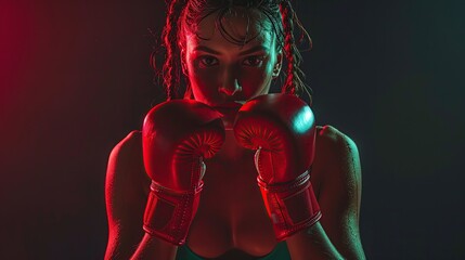 Kickboxing woman in activewear and red kickboxing gloves. copy space for text.
