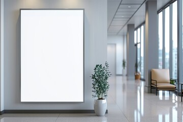 Corporate branding logo display mockup in modern office reception area with white frame background