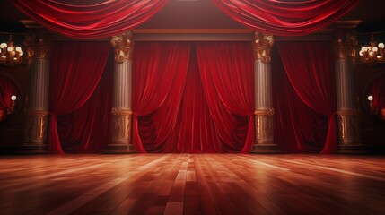 a stage with red curtains.