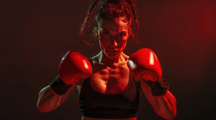 Kickboxing woman in activewear and red kickboxing gloves. copy space for text.