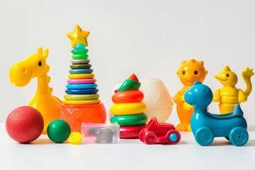 Obraz premium colorful classic toddler or baby toys on a white cinematic background, photography