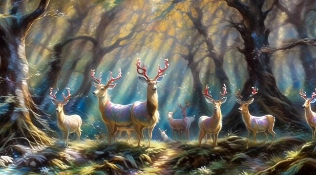 a painting of a group of deer in a forest (60 fps 8 sec)