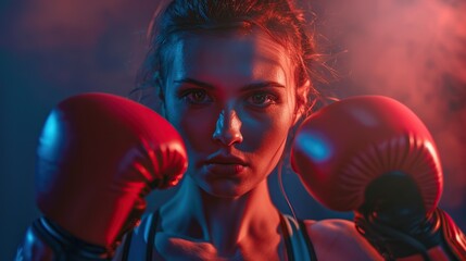 Kickboxing woman in activewear and red kickboxing gloves. copy space for text.