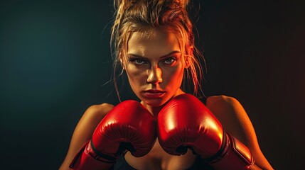 Kickboxing woman in activewear and red kickboxing gloves. copy space for text.